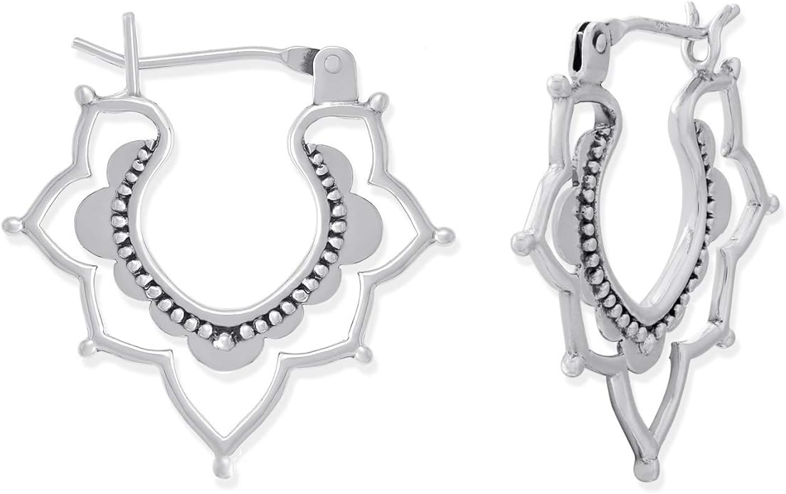 Boma Jewelry Sterling Silver Bomhemian Flower Snap Down Closure Hoop Earrings
