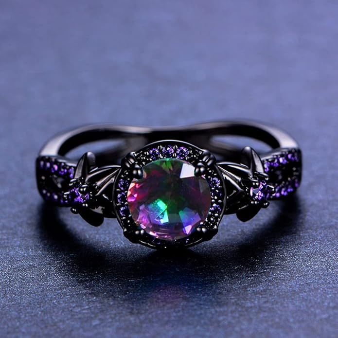 Gothic Black Rings for Women, Mystic Rainbow Topaz with Created Amethyst Flower Goth Black Gold Wedding Engagement Ring Size 6 to 11