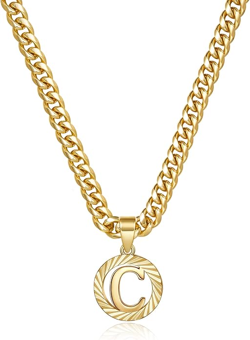 KissYan Gold Initial Necklace,14K Gold Plated Round Letter Pendant Hollow Capital Monogram 5mm Cuban Chain Necklace Alhpabets from A-Z Dainty Jewelry for Women Men