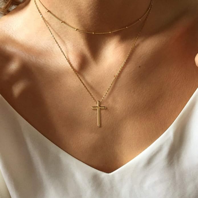 Turandoss Dainty Layered Choker Necklace, Handmade Y Pendant Necklace Multilayer Bar Disc Necklace Adjustable Layering Choker Necklaces for Women