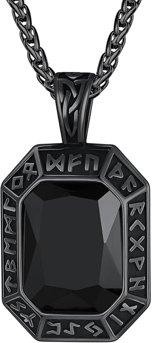 ChainsHouse Viking Rune Pendant Necklace for Men Women, Punk Biker Black Metal/316L Stainless Steel Onyx Norse Vintage Amulet Necklaces with Black/Red/Green/Blue Gemstone, Send Gift Box