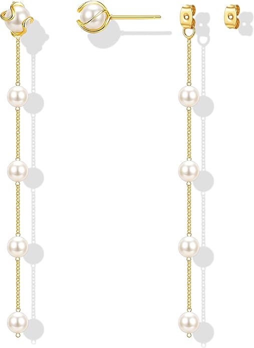 Zeffy Pearl Earrings for Women 14k Gold/Silver Pearl Drop Earrings Long White Pearl Tassel Dangle Statement Earrings Bridal Wedding Dainty Prom Earrings Birthday Gifts Jewelry
