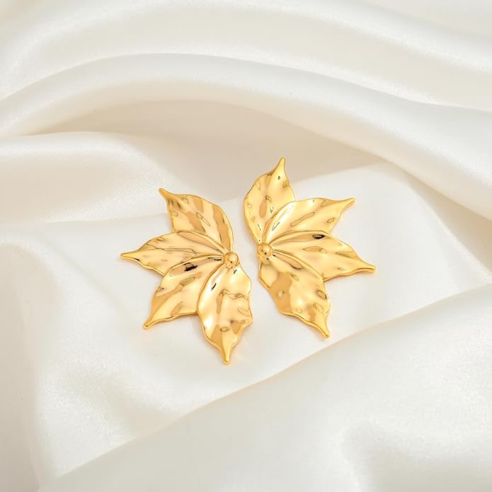 Chunky Gold Statement Earrings For Women Gold Plated Sectored Flower Leaf Shell Angel Wing Earrings Large Stud Earrings Hypoallergenic Earrings