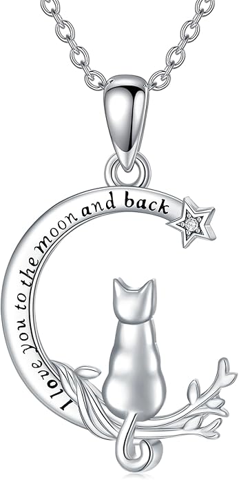 Cat Gifts for Women 925 Sterling Silver Heart Moon Cat Necklace Pendant Women Jewelry Halloween Christmas Gifts