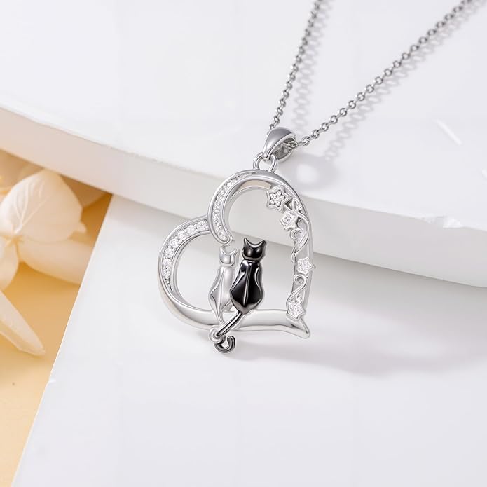 Cat Gifts for Women 925 Sterling Silver Heart Moon Cat Necklace Pendant Women Jewelry Halloween Christmas Gifts