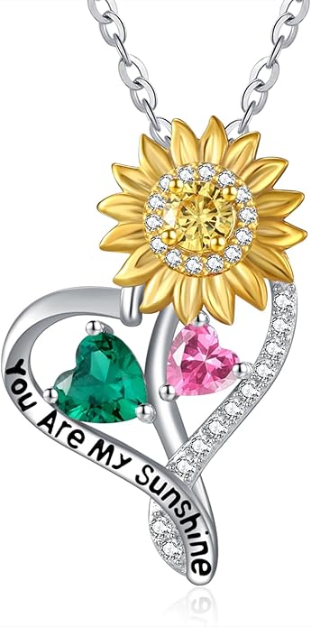 Zeuslia Double Birthstone Necklace Gifts for Wife - 925 Sterling Silver Sunflower/Rose/Crown Cross/Compass/Heart Pendant I Love You Necklace, Anniversary Birthday Gifts for Wife Girlfriend Mom Her