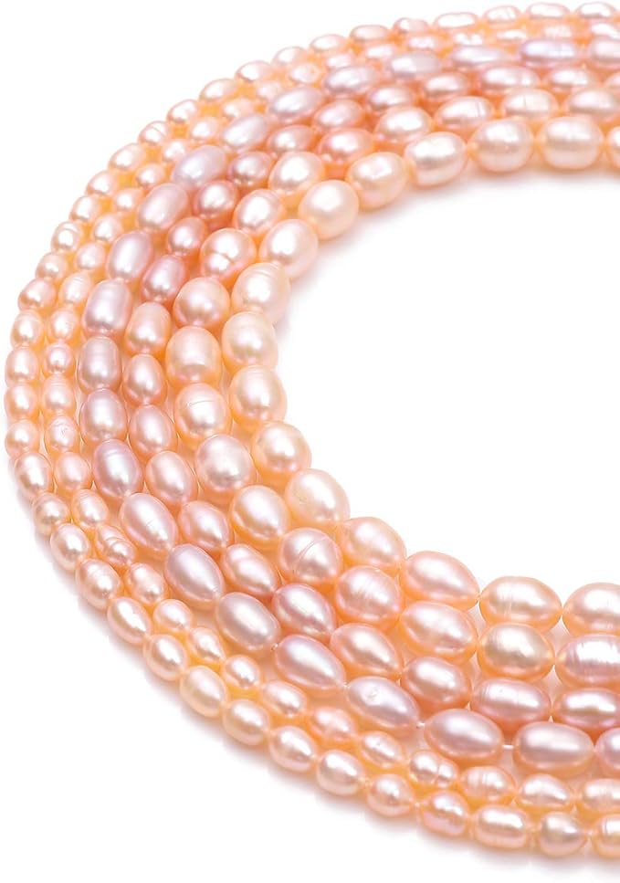 BEADIA Natural Pearl Beads Rice 7-8mm Pink Freshwater Cultured Loose Gemstone Beads for DIY Jewelry Making 13.8''/Strand