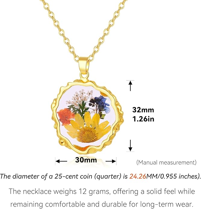 Birth Flower Necklaces for Women,1-12 Month Real Pressed Flower Necklace,Boho-Style Personalized Jewelry, Handmade Floral Pendant,Thoughtful Gift for Christmas,Birthday|18"