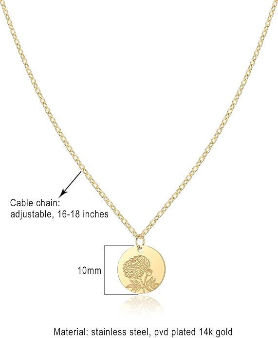 Birth Flower Necklace, 14K Gold Plated Floral Pendant Necklaces for Women, Simple Dainty Birth Month Flower Necklace, Birthday Jewelry for Women - 12 Month