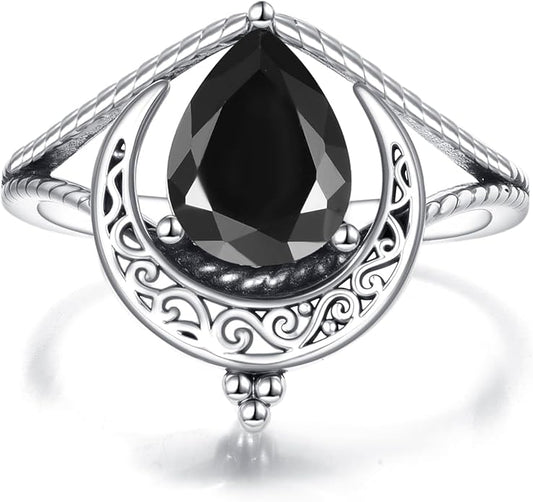 Vintage Moon Ring 925 Sterling Silver Retro Filigree Crescent Teardrop Black Stone Ring Jewelry Gifts for Women US Size 5-13