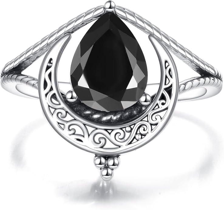 Vintage Moon Ring 925 Sterling Silver Retro Filigree Crescent Teardrop Black Stone Ring Jewelry Gifts for Women US Size 5-13