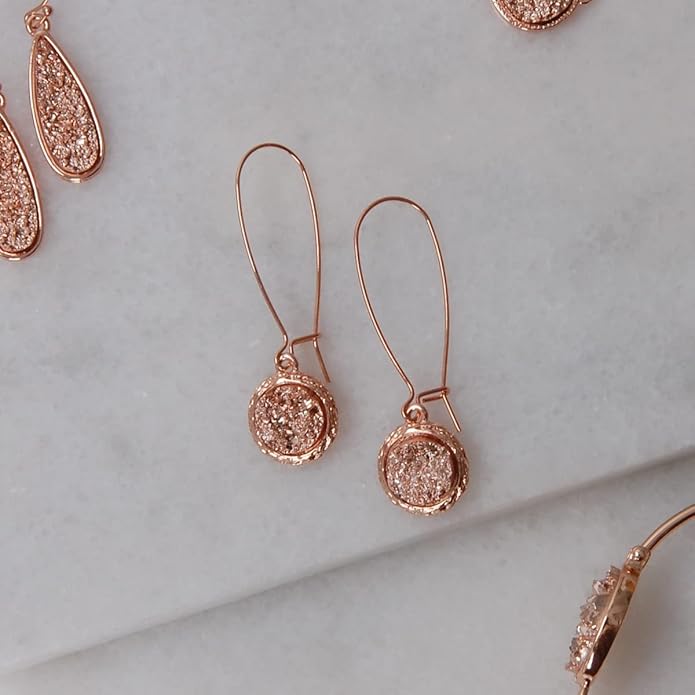 Simulated Druzy Threader Drop Earrings for Women - Gold, Silver, or Rose Gold Tone Trendy Boho Dangles with Sparkly Round Stone