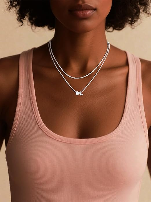 FOCALOOK Layered Initial Necklace for Women, 14K Gold Plated Choker Necklaces Stacks with Initial A-Z, Dainty Silver Heart Pendant Necklace Personalized Birthday Women Jewelry