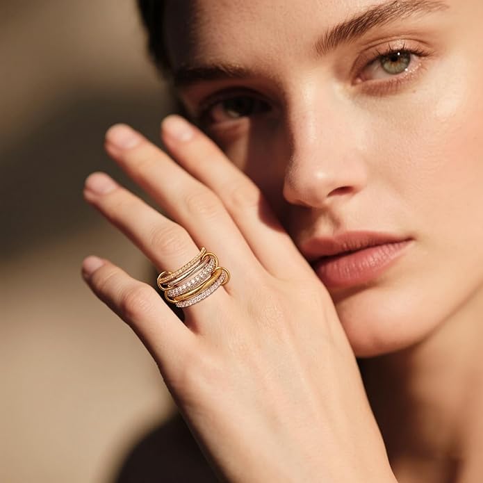 14K Gold Plated Interlocked Stackable Rings for Women Non Tarnish,Gold and Silver Cubic Zirconia Statement Rings Set,Mixed Metals Ring Two-Toned Connected Bands Stacking Jewelry