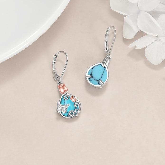 AOBOCO Butterfly/Dragonfly/Bee/Ladybug Leverback Earrings 925 Sterling Silver Rose Lotus Tulip Flower Filigree Dangle Earrings Teardrop Moonstone Larimar Turquoise Abalone Shell Jewelry Birthday Gifts for Women