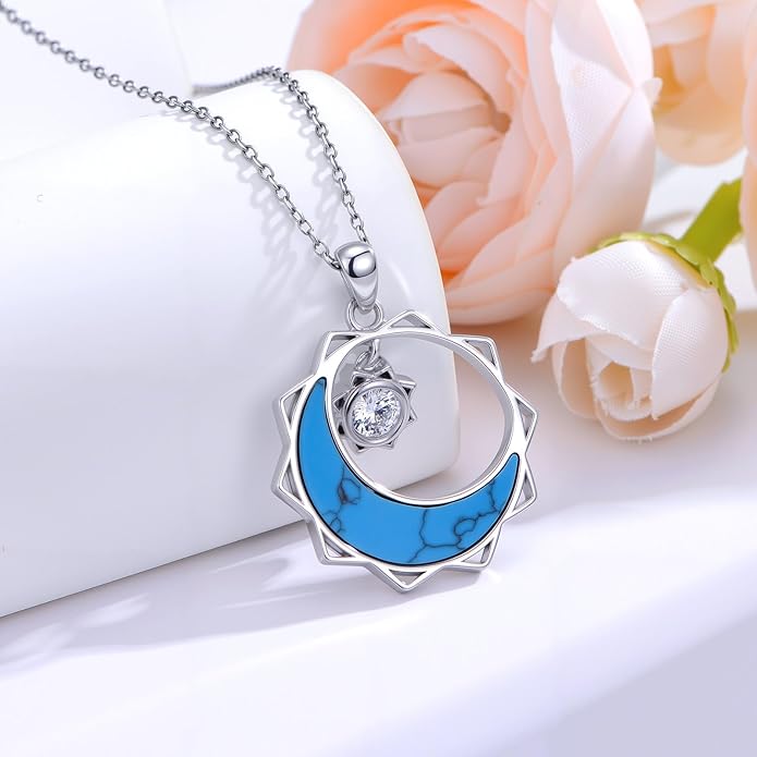 SELKAT 925 Sterling Silver Turquoise Moon Pendant Necklace for Women, Snake/Flower/Bow/Tree of Life/Star Moon Necklace, Dainty Jewelry for Daily Wear & Gifts