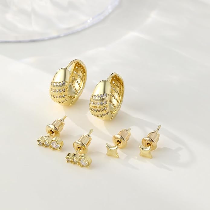 Gold Hoop Earrings Set for Women Trendy, 14K Gold Plated Chunky Hypoallergenic Small Diamond Cartilage Hoops Cute Cubic Zirconia Dangle Stud Earrings Jewelry Gifts