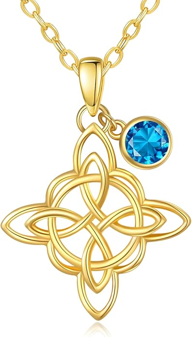Witches Knot Necklace for Women, 14K Gold Celtic Knot Cross Jewelry with Triquetra Trinity with Birthstone Pendant, Birthday Witchy Spiritual Gifts for Her Wife Mom Grandma, 18+2 Inch Chain