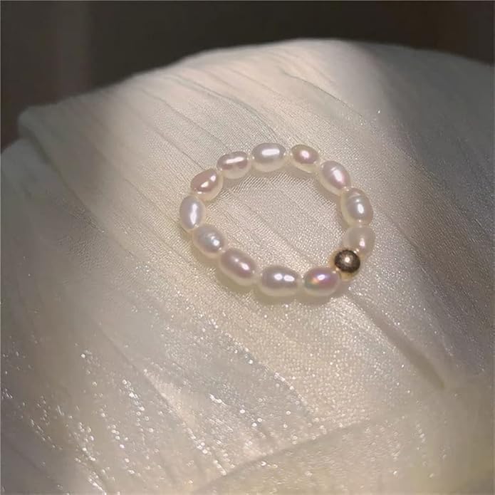 Vintage Boho Cultured Pearl Adjustable Beaded Wrap Ring,Trendy Elastic Freshwater Pearl Rings for Women,Fashion Heart Shell Stacking Rings for Men