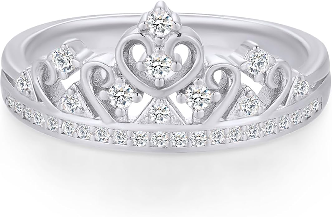 Princess Crown Ring, Round Cut Moissanite, Cubic Zirconia, Lab Grown or Natural Diamond Promise Ring for Women in 14K Gold Plated 925 Sterling Silver Jewelry Gift for Her