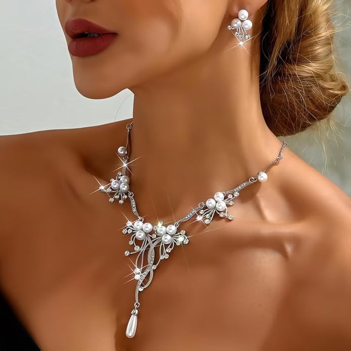 la luen Pearl Bride Wedding Jewelry Set Faux Pearls Crystal Rhinestone Necklace Earrings Bracelet Sets for Women Bridesmaid(3 PCS)
