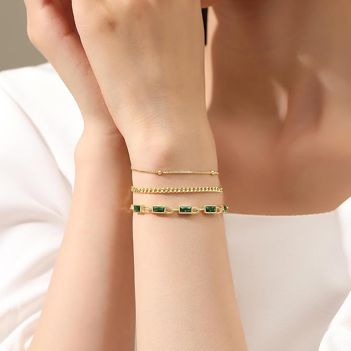 Gold Birthstone Bracelet for Women, 18K Gold Plated Layered Jewelry Bracelet Set, Women Dainty Stackable Bracelets Link Paperclip Chain Valentines Day Gift for Women