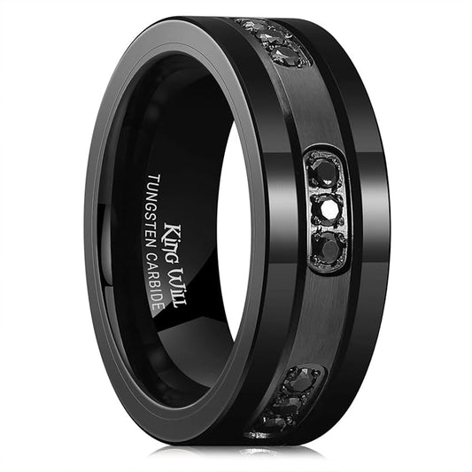 King Will Mens Tungsten Wedding Band with Cubic Zircon Inlay 7mm/8mm Flat Cut Comfort Fit Engagement Rings