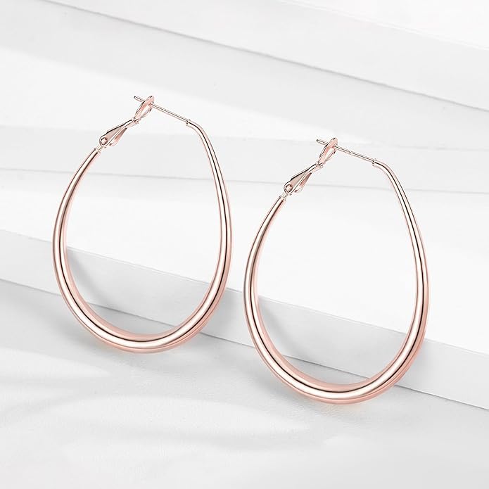 Lightweight Oval Hoop Earrings for Women - 14K Gold Plated, Rose Gold Plated and Sterling Silver Plated Large Oblong Hoop Earrings for Women Statement Jewelry Gift