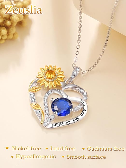 Zeuslia Double Birthstone Necklace Gifts for Wife - 925 Sterling Silver Sunflower/Rose/Crown Cross/Compass/Heart Pendant I Love You Necklace, Anniversary Birthday Gifts for Wife Girlfriend Mom Her