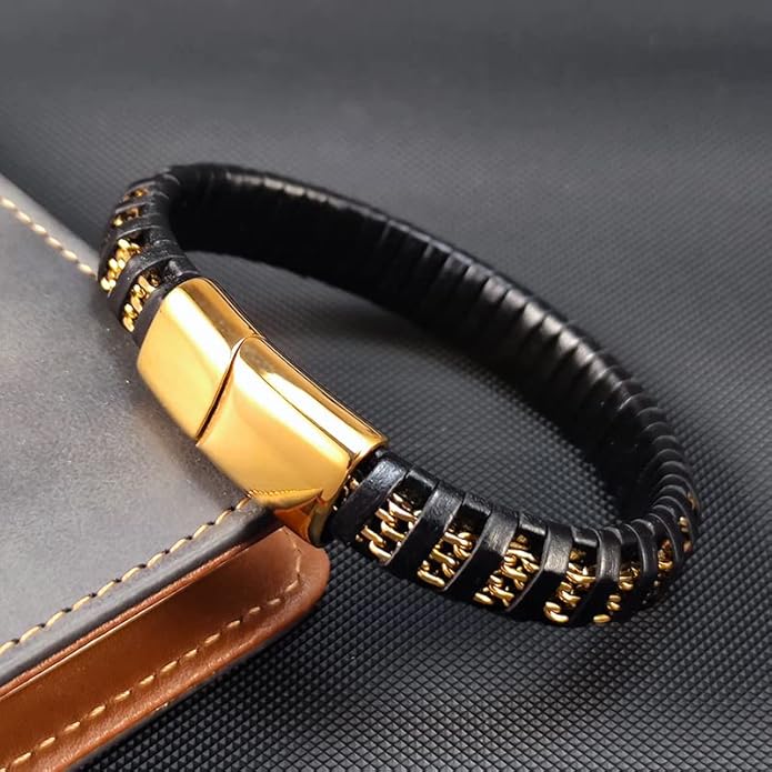 Premium Leather Bracelets for Men Black Leather Gold Plated Bracelets Braided Leather Wristbands Accessories Great Ideas for Men's Jewelry