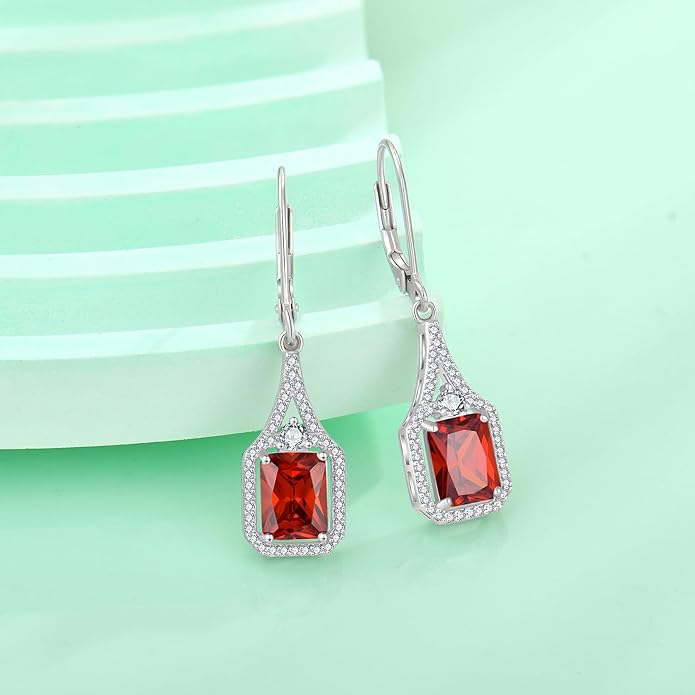 Emerald Cut Dangle Drop Earrings 925 Sterling Silver Halo Rectangular Leverback Earrings Birthstone Jewelry for Women