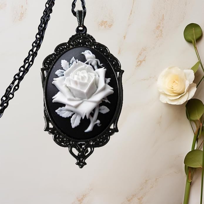 Gothic Red Rose Cameo Necklace for Women Victorian Vintage Rose Flower Thorn Pendant Necklace Satan Demon Necklace Halloween Jewelry for Women