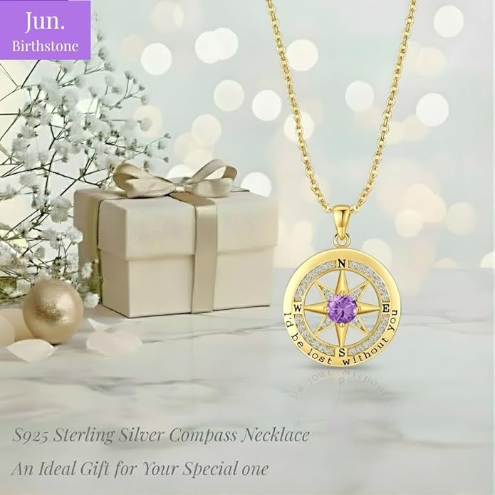 Compass Necklace for Women Wife Girlfriend Mom Daughter Gifts S925 Silver Jewelry For Anniversary Rose Gold Gifts For Birthday Christmas Mothers Valentines Day 12 Birthstones
