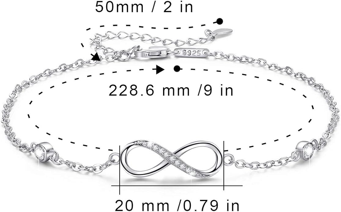 MEDWISE Womens Infinity Anklet Bracelet 925 Sterling Silver Endless Love Symbol Ankle Bracelet Adjustable Plus Size Large Bracelet Gifts for her Mother’s Day Gifts