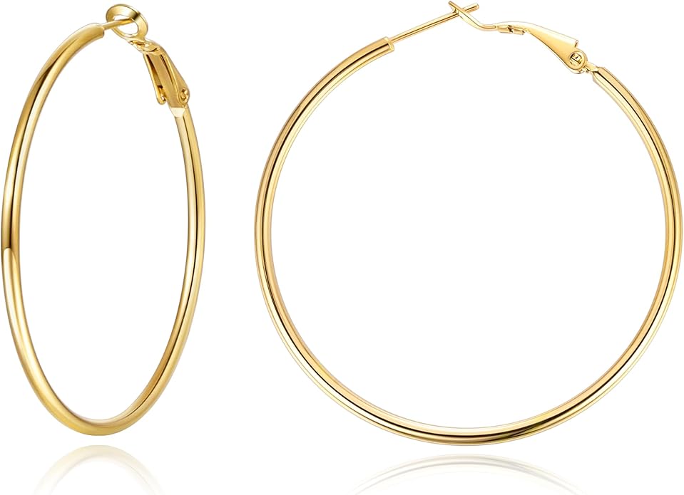 Jewlpire 14K Gold Plated 925 Sterling Sliver Post Hoop Earrings, 2MM Thick Hoop earrings Lightweight Large Hoop Earrings for Women Trendy 20/30/40/50/60/70mm