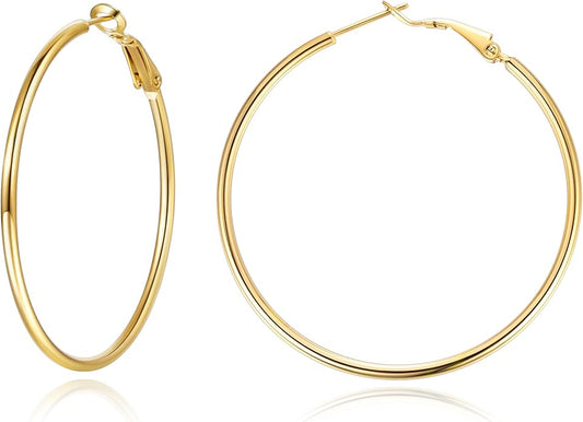 Jewlpire 14K Gold Plated 925 Sterling Sliver Post Hoop Earrings, 2MM Thick Hoop earrings Lightweight Large Hoop Earrings for Women Trendy 20/30/40/50/60/70mm