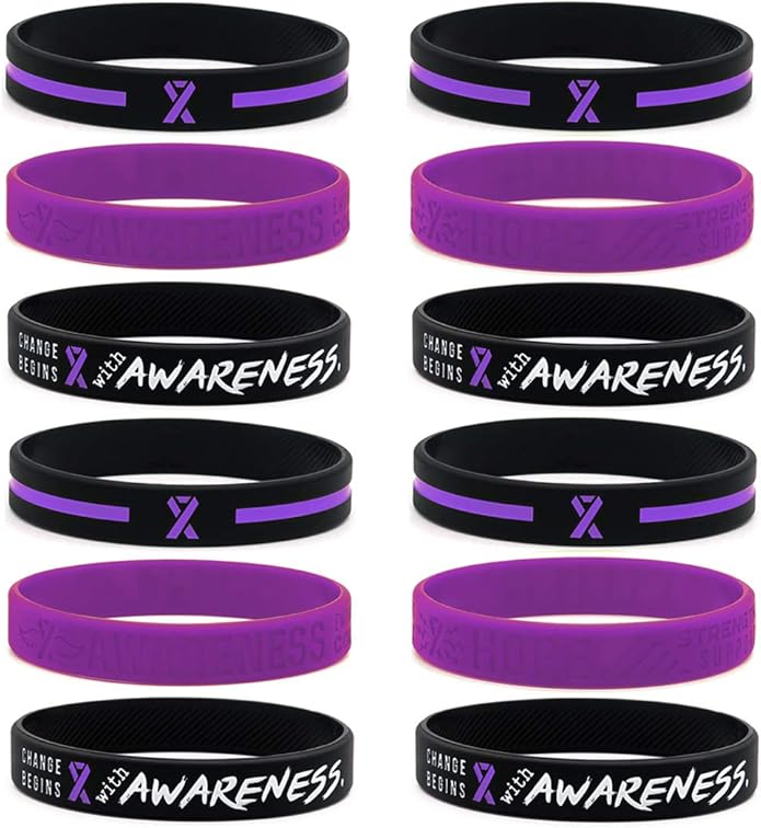 Inkstone (12-Pack) Purple Awareness Ribbon Bracelets, Variety Pack - Wholesale Pack of 12 Silicone Rubber Wristbands to Symbolize Hope, Courage, Strength, and Support - Unisex for Men Women Teens…