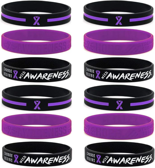 Inkstone (12-Pack) Purple Awareness Ribbon Bracelets, Variety Pack - Wholesale Pack of 12 Silicone Rubber Wristbands to Symbolize Hope, Courage, Strength, and Support - Unisex for Men Women Teens…
