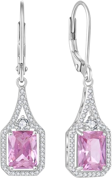 Emerald Cut Dangle Drop Earrings 925 Sterling Silver Halo Rectangular Leverback Earrings Birthstone Jewelry for Women