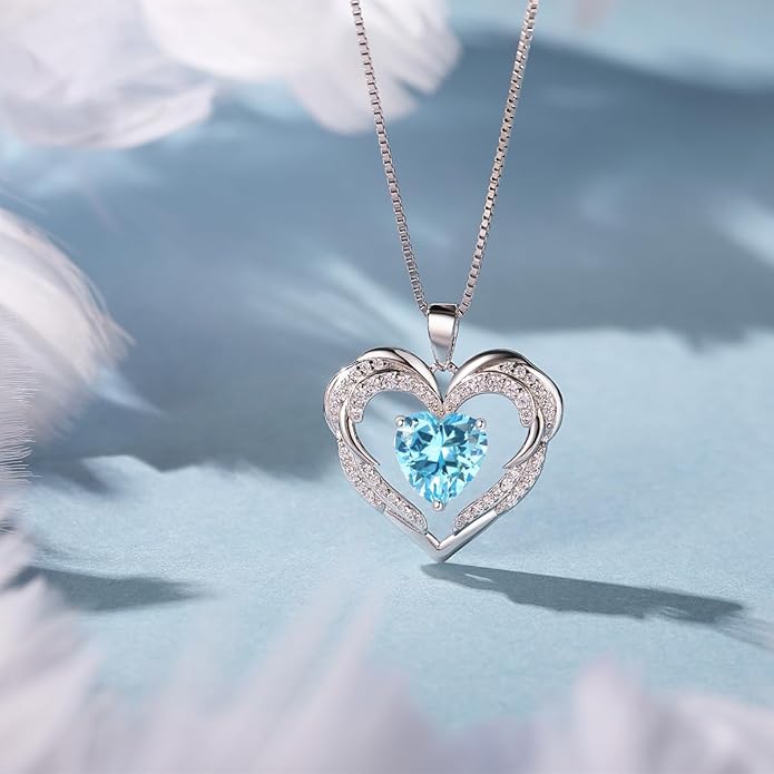 Heart Necklaces Valentine's Gift for Women, Birthstone 925 Sterling Silver Angel Wings Love Pendant Necklaces for Women, Jewelry Gifts for Wife, Anniversary, Mother's day