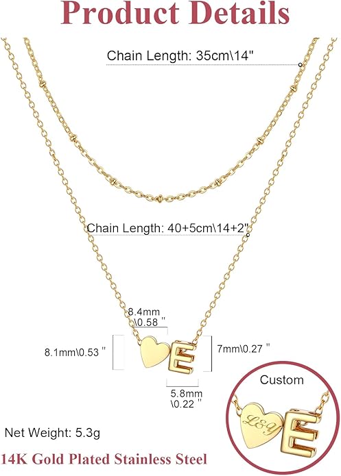 FOCALOOK Layered Initial Necklace for Women, 14K Gold Plated Choker Necklaces Stacks with Initial A-Z, Dainty Silver Heart Pendant Necklace Personalized Birthday Women Jewelry