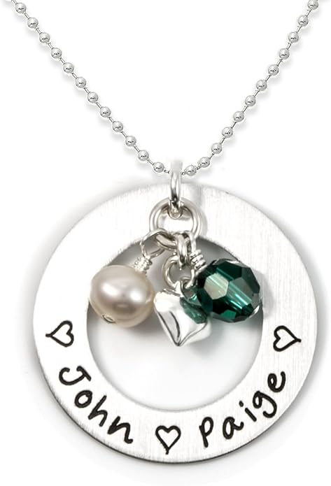 AJ's Collection Love Display with Personalized Sterling Silver Round Washer, Hand Finished. Includes up to 4 Crystal Birthstones or Pearls, and a choice of 925 Chain. Gift for Her