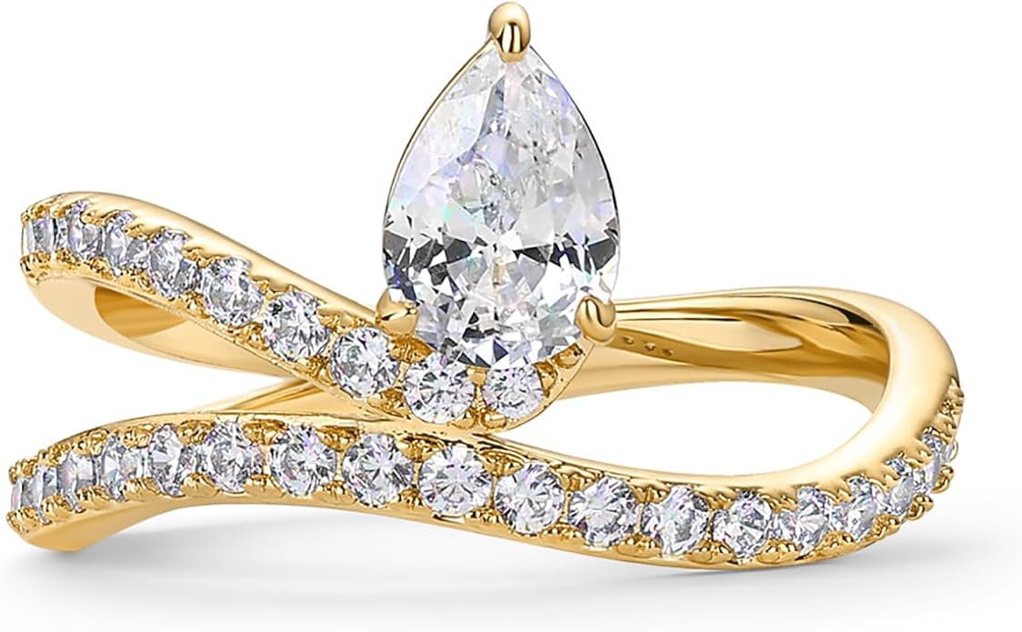 PAVOI 14K Gold Plated Wavy Engagement Ring for Women | Solitaire Cubic Zirconia Wedding Band & Promise Rings for Her | Trendy Fashion Jewelry