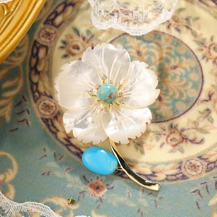 14K Gold Natural Freshwater Pearl Flower Moissanite Brooch, Minimalist Camellia Corsage with Turquoise/Agate, Unique Pin for Suit Accessory, An Elegant Gift