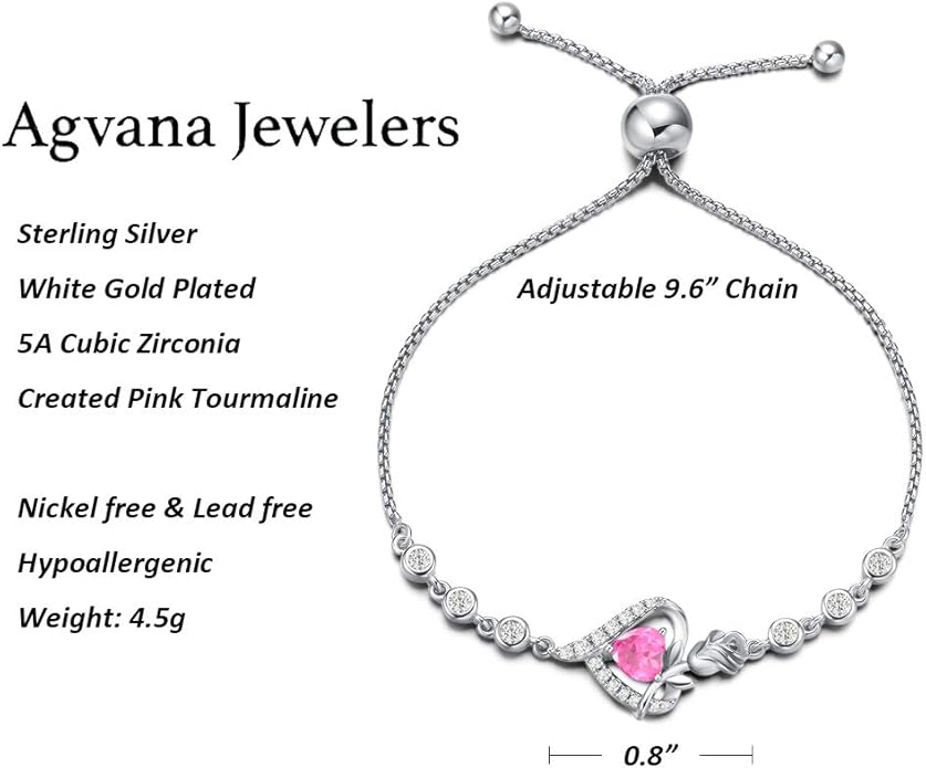 AGVANA Rosy Reverie Birthstone Bracelet for Women Sterling Silver Genuine or Created Gemstone Tennis Bracelet Rose Heart Jewelry Anniversary Birthday Gifts for Women Mom Wife Her