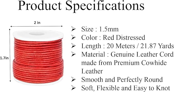 GENIQUE Real/Genuine Round Leather String Cord for Necklace, Bracelets, Jewellery, Braiding (1.5mm, Red Distressed)