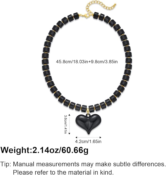 YUJIE Chunky Heart Penadnt Necklace for Women- Exaggerated Statement Puff Heart Necklace with Acrylic Beaded Chain