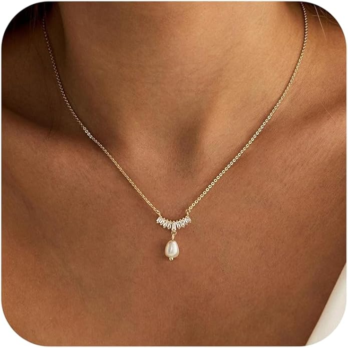 Pearl Necklace for Women Trendy,14k Gold Plated Necklace Dainty Wedding Necklace Small Cute Choker Necklace Beaded Lariat Drop Necklace Vintage Waterproof Jewelry for Women Gold Jewelry Fashion Gifts