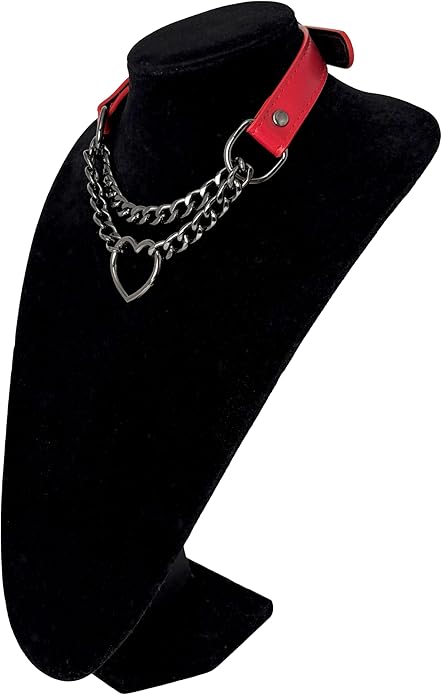 Black Leather Choker Collar For Women, Handmade Heart Slip Chain Choker Long Necklace with Adjustable Buckle