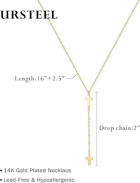 Ursteel Dainty Lariat Necklace for Women, 14K Gold Plated Y-Shaped Long Necklace Layered Drop Necklaces Pearl Cross Clover CZ Charm Necklaces for Women Christmas Jewelry Gifts Stocking Stuffers